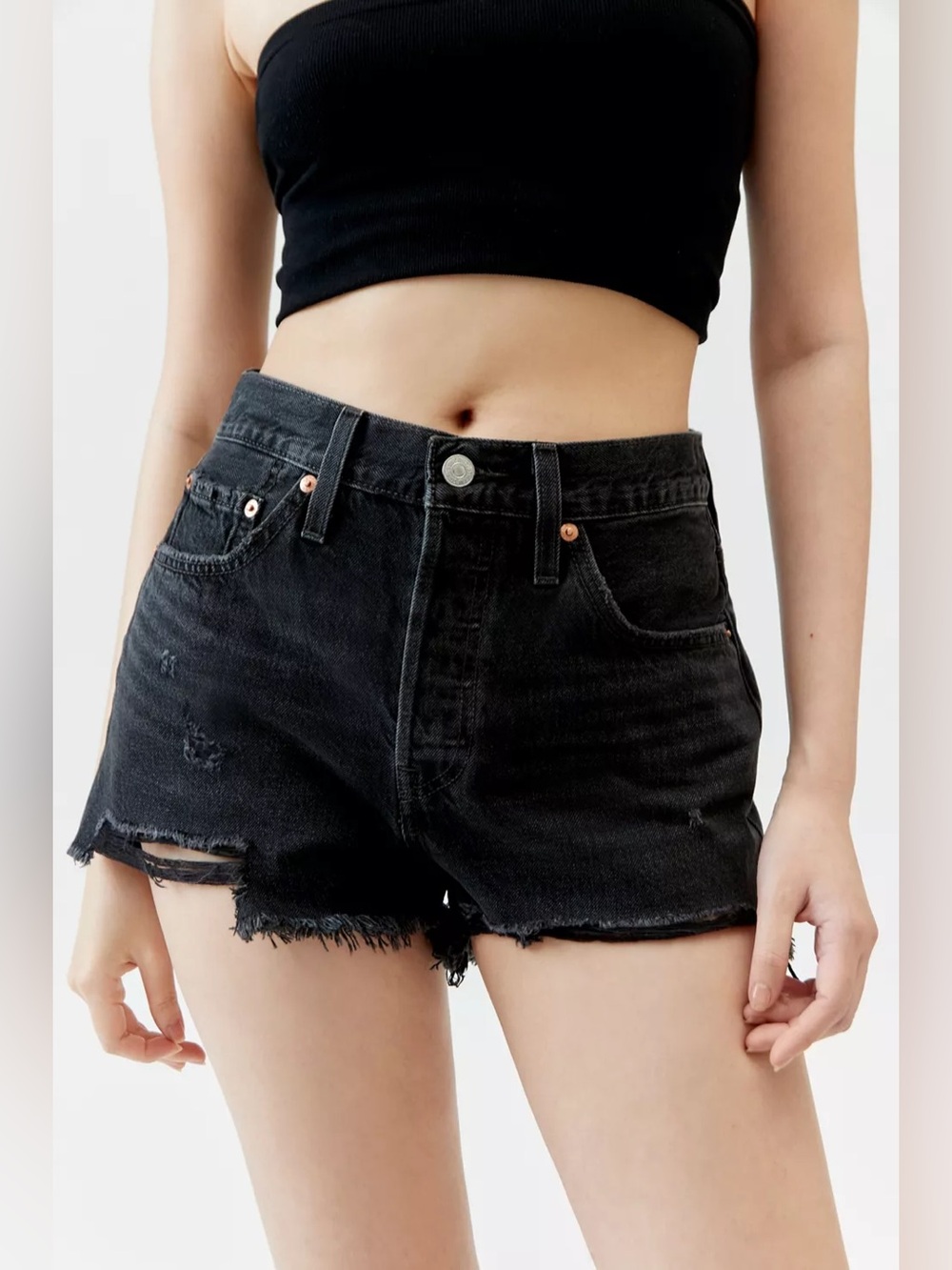 LEVI'S 501 Distressed Raw Hem Button Fly Black Jean Denim Shorts Sz 27